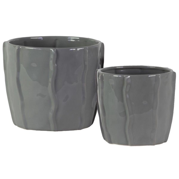 Urban Trends Collection Ceramic Low Pot with Embedded Wave Design Body Gloss  Gray Set of 2 37308